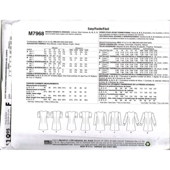 McCall's M7968 Womens 18W to 24W Fitted Dress Uncut Sewing Pattern - Picture 2 of 2